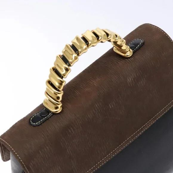 LOEWE Velazquez Hand Bag Leather Suede Brown Black gold Auth Totes